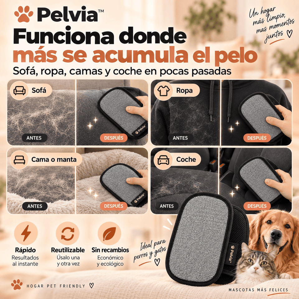 Pelvia™ | Manopla Quitapelos Reutilizable para Sofá, Ropa y Auto
