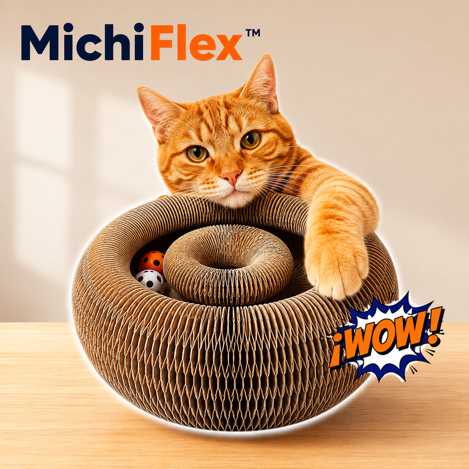Gato naranja jugando con MichiFlex